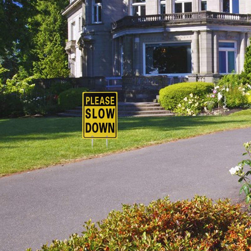 Kichwit Please Slow Down Sign, 16 Inch x 12 Inch/28 Inch High, Double Sided Aluminum Reflective Slow Down Sign with Metal Stakes - Image 5